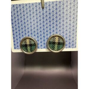 Vintage Round Green Plaid Screw Back Earrings